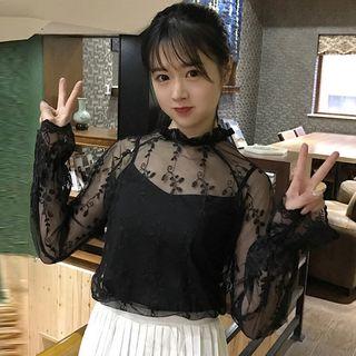 Frilled Neck Embroidered Long-sleeve Top