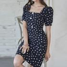Dotted Square-neck Puff-sleeve Sheath Dress