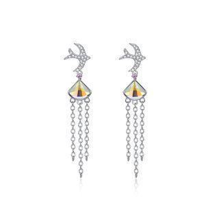 925 Sterling Silver Cute Little Swallow Tassel Earrings With Color Austrian Element Crystal Red - One Size