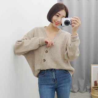 Plus Size Diagonal-button Cardigan Brown - One Size