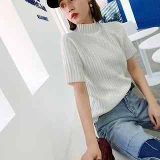 Short-sleeve Mock-neck Rib Knit Top