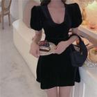 Open Back Short-sleeve Mini A-line Dress Black - One Size