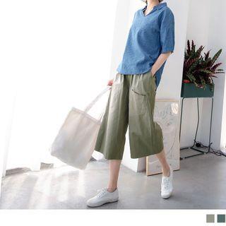 Elastic-waist Plain Straight-cut Cropped Pants