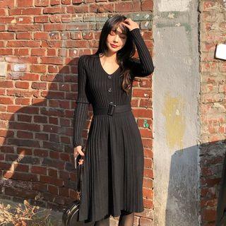 V-neck Rib-knit Dress With Belt