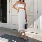 Set: Cropped Camisole Top + Fringed Trim Midi Pencil Skirt