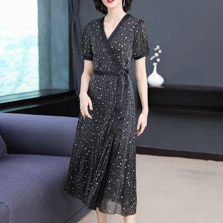 Short-sleeve Midi Wrapped Mesh Dress