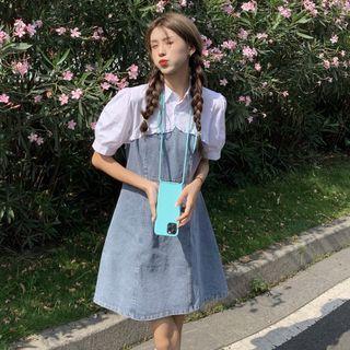 Short-sleeve Frill Trim Denim Mini A-line Shirtdress