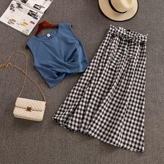 Set: Sleeveless Top + Plaid Midi A-line Skirt