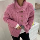 Turtleneck Chunky Knit Cardigan Pink - One Size