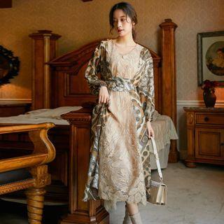 Long-sleeve Paisley Print Embroidered Panel Midi A-line Dress