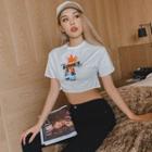 Short-sleeve Washed Printed Cropped T-shirt