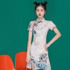 Short-sleeve Fan Print A-line Mini Qipao Dress