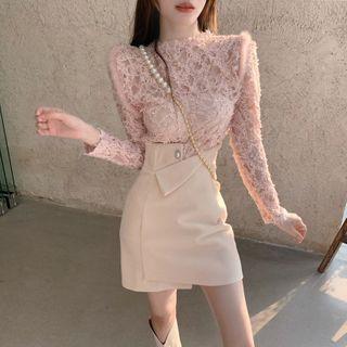 Long-sleeve Lace Top / Asymmetrical Mini Pencil Skirt / Set