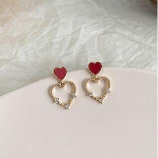 Rhinestone Heart Stud Earring 1 Pr - Red Heart - Gold - One Size