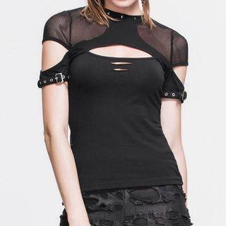 Short-sleeve Cutout Fishnet Panel Top