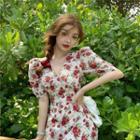 Floral Print Puff-sleeve Mini A-line Dress White - One Size
