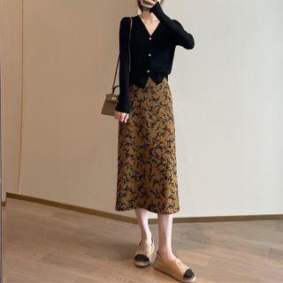 Long-sleeve V-neck Button-up Knit Top / Floral Print Midi A-line Skirt / Set