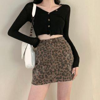 Leopard Print Denim Mini Pencil Skirt / Plain Cropped Cardigan