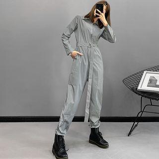 Reflective Half-zip Jumpsuit With Belt