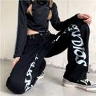 Lettering High Waist Wide Leg Jeans
