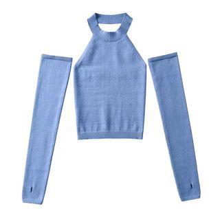 Set: Halter-neck Knit Top + Arm Sleeves