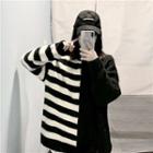 Striped Crewneck Panel Loose-fit Long-sleeve Sweater Stripe - Black&white - One Size