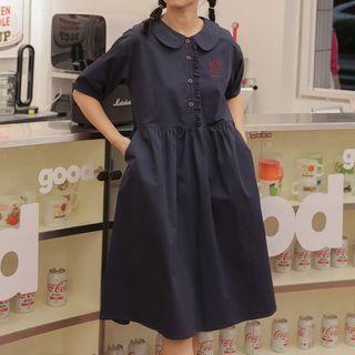 Collared Cat Embroidered Midi A-line Dress