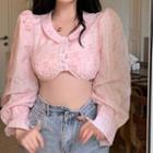 Long-sleeve Button-up Crop Top Pink - One Size
