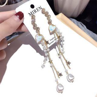 Rhinestone Faux Crystal Heart Fringed Earring 1 Pair - Silver Stud - Gold - One Size