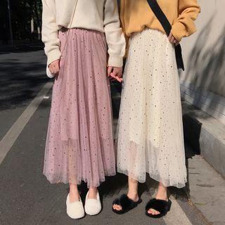 Star Sequined Midi A-line Mesh Skirt