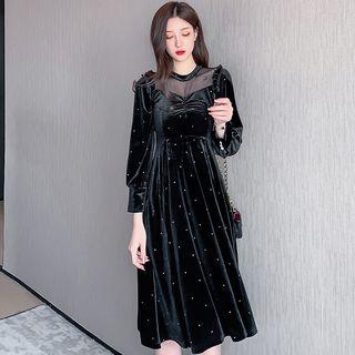 Mesh Panel Rhinestone Long-sleeve A-line Dress