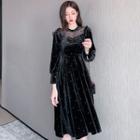 Mesh Panel Rhinestone Long-sleeve A-line Dress