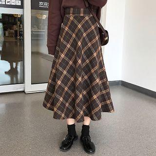 Hooded Printed Sweatshirt / High-waist Plaid Woolen A-line Skirt