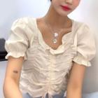 Short-sleeve Drawstring Blouse As Shown In Figure - One Size