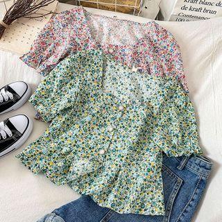 Short-sleeve Floral Print Button-up Cropped Blouse