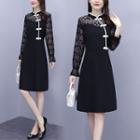 Long-sleeve Lace Panel A-line Qipao Dress