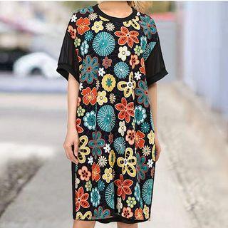 Short-sleeve Flower Embroidered Dress As Shown In Figure - One Size