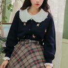 Rosette Embroidered Knit Cardigan Navy Blue - One Size