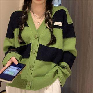 Long-sleeve Two-tone Striped Cardigan Green - One Size