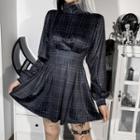 Long-sleeve Mock-neck Check Mini A-line Dress