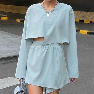 Set: Long-sleeve Asymmetrical Cropped T-shirt + Skort