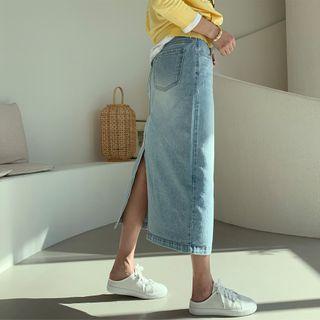 Slit-back Washed Denim Skirt