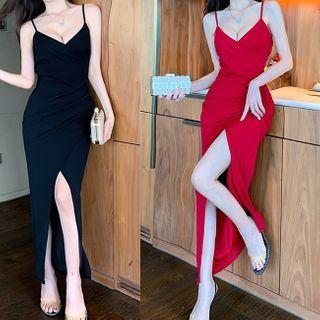 Side-slit Spaghetti Strap Maxi Sheath Dress