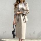 Set: Open-front Contrast-trim Cardigan + Short-sleeve Knit Dress