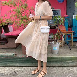 Puff-sleeve Midi A-line Dress Light Tangerine - One Size