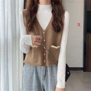Lace Trim Button-up Sweater Vest / Long-sleeve Plain T-shirt