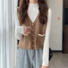 Lace Trim Button-up Sweater Vest / Long-sleeve Plain T-shirt
