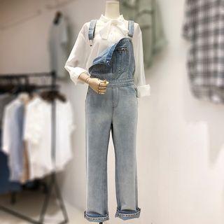 Set: Bow-accent Shirt + Denim Jumper Pants / Bow-accent Shirt / Denim Jumper Pants