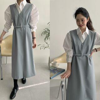 Sleeveless V-neck Midi Overall Dress With Belt