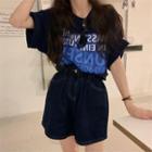 Crew-neck Printed Letter Tee / High-waist Wide-leg Denim Shorts